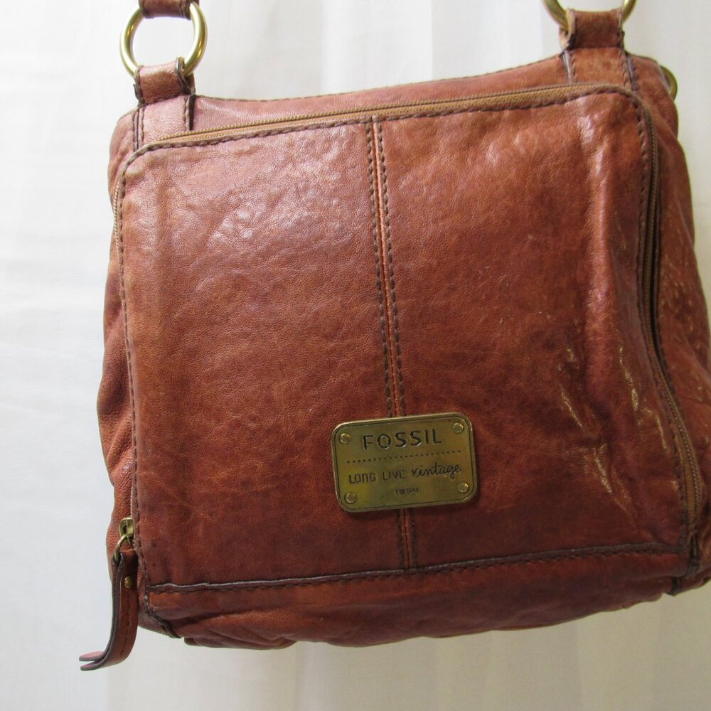 Fossil Purse Crossbody Bag Medium Brown Leather Zipper Brass Key Logo Plate Y2K